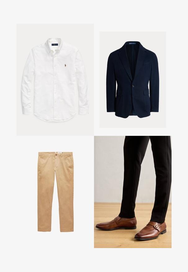 Marineblauer Blazer aus Baumwollmaterial, mit klassischem Revers, zwei Fronttaschen und einem Knopfverschluss, mit glatter Textur.; Weißes, langärmliges Hemd mit Knopfleiste und Kragen sowie kleinem, gesticktem Logo auf der linken Brust, flach auf einem einfarbigen Hintergrund liegend.; Beige gerade geschnittene Baumwollhose mit Gürtelschlaufen, vorderen Taschen und Knopfverschluss.; Braune Lederloafers mit glatter Oberfläche, mit einem Riemen und einer Metallschnalle versehen, getragen mit maßgeschneiderten schwarzen Hosen auf einem Holzboden.