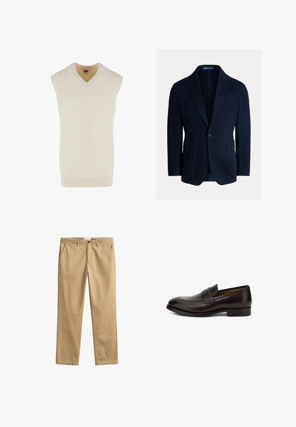 Blazer bleu marine en coton, doté de revers crantés, deux poches avant et d'une fermeture à un bouton, avec une texture lisse.; Pull en crème sans manches avec un décolleté en V, fabriqué en tissu tricot doux. Il présente un col et un ourlet inférieur côtelés, avec une coupe droite.; Pantalon beige à jambes droites avec passants de ceinture, poches avant, fermeture à boutons et braguette zippée.; Mocassins en cuir marron à finition lisse, bout arrondi et design cousu sur le cou-de-pied. Talon bloc bas avec un éclat subtil.