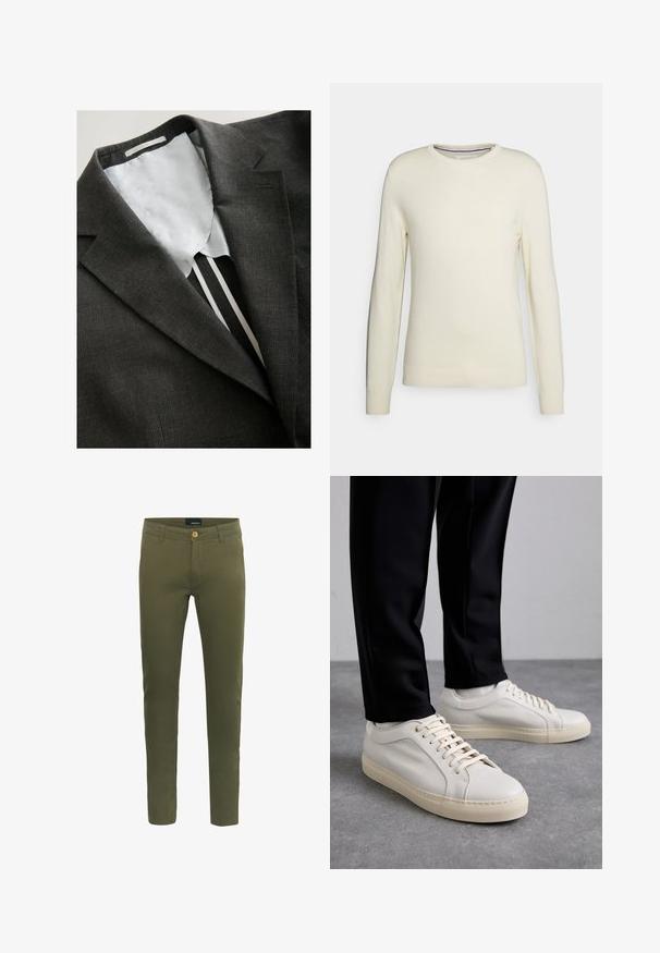 Dunkelbraune karierte Sakkoweste mit einem weißen und grauen Innenfutter, ausgestattet mit einem klassischen Reverskragen und einem minimalistischen Design.; Cremefarbener Rundhals-Pullover mit langen Ärmeln, gerippten Bündchen und Saum. Hergestellt aus weichem Strickstoff ohne Muster oder Verzierungen.; Olivgrüne Hosen aus weichem Baumwollgemisch mit vorderem Knopfverschluss, Gürtelschlaufen und slim fit Design.; Helle beigefarbene Leder-Sneaker mit flachen Schnürsenkeln, einer strukturierten Oberfläche und einer kontrastierenden, cremefarbenen Gummisohle, kombiniert mit schwarzen eng geschnittenen Hosen.