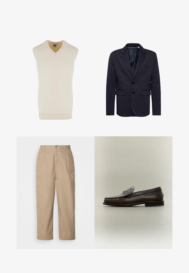 Blazer marine en tissu texturé, doté d'un col cranté, de deux poches avant, de deux boutons et d'une poche poitrine unique.; Pull en crème sans manches avec un décolleté en V, fabriqué en tissu tricot doux. Il présente un col et un ourlet inférieur côtelés, avec une coupe droite.; Pantalons en coton léger beige avec un devant plissé, fermeture à bouton et jambes droites, offrant une texture lisse et sans motifs visibles.; Mocassin en cuir marron foncé avec un petit talon noir, coutures mocassin et une bride décorative sur le dessus.