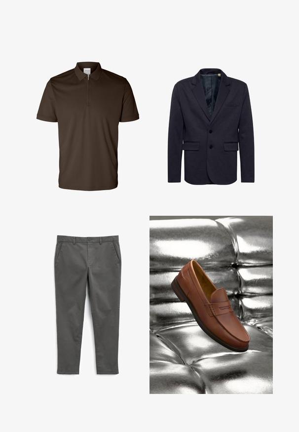 Marineblazer aus strukturiertem Stoff, mit Reverskragen, zwei Fronttaschen, zwei Knöpfen und einer einzelnen Brusttasche.; Dunkelbraunes Poloshirt mit kurzen Ärmeln, einem Kragen und halbem Reißverschluss vorne, dargestellt auf weißem Hintergrund.; Next STRETCH - Chino - dark grey; Braune Leder-Loafers mit Steppnähten, glatter Textur und abgerundeter Spitze. Fotografiert vor einer glänzenden Metalloberfläche.
