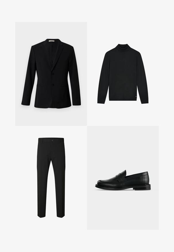Blazer negro de tejido suave, con solapa con muesca, dos botones y bolsillos laterales; corte entallado con mangas largas.; Suéter negro de cuello alto hecho de material suave, con mangas largas y un cuello ajustado. Diseño minimalista sin patrones visibles.; Pantalones negros de corte ajustado con cierre de botón y cremallera, trabillas para cinturón y piernas rectas sobre fondo blanco.; Mocasín penny negro de cuero para hombre con tacón bajo y apilado y puntera redondeada, mostrado de lado sobre un fondo gris claro.