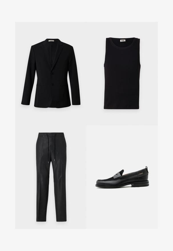 Blazer negro de tejido suave, con solapa con muesca, dos botones y bolsillos laterales; corte entallado con mangas largas.; Top sin mangas negro hecho de algodón suave. Cuenta con un escote redondeado y un corte recto, con detalles de costura mínimos.; Pantalones negros de rayas finas hechos de una tela elegante, con una cómoda cinturilla elástica y detalles de cordón. Presentan un discreto logotipo.; Mocasín de cuero negro con detalle de tira gris, tacón bajo y suela texturizada, con la marca "HUGO" en oro en el lateral.