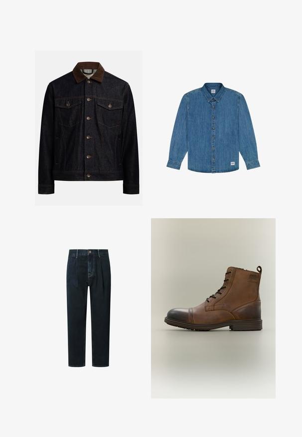 Chaqueta de mezclilla oscura con cuello de pana marrón, cierre frontal con botones, dos bolsillos con solapa y botón en el pecho, y bolsillos laterales.; Camisa de mezclilla azul de manga larga con botones y cuello, con etiqueta de la marca Lee en la parte inferior frontal, colocada plana sobre fondo blanco.; Pantalones de mezclilla oscura con un ajuste holgado, que cuentan con una cintura alta, pliegues, cierre frontal con botón y costuras de contraste doradas.; Bota de cuero marrón con cordones hasta el tobillo, puntera negra, suela redonda y detalle de marca en el lateral sobre un fondo liso.