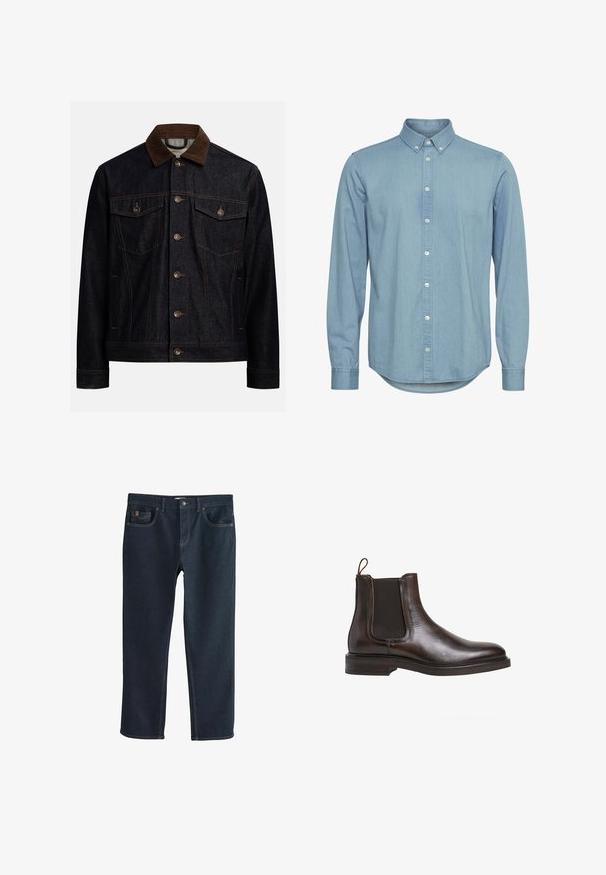 Chaqueta de mezclilla oscura con cuello de pana marrón, cierre frontal con botones, dos bolsillos con solapa y botón en el pecho, y bolsillos laterales.; Camisa de mezclilla azul claro con cuello abotonado, mangas largas y dobladillo curvado. Presenta una tapeta delantera con botones blancos.; Pantalones vaqueros de mezclilla azul oscuro con un diseño de pierna recta, que cuentan con bolsillos delanteros y detalles sutiles de costura. Textura suave, estilo clásico.; Botín Chelsea de cuero marrón con paneles laterales elásticos, tirador en bucle y un tacón bajo apilado. Textura suave y silueta elegante.