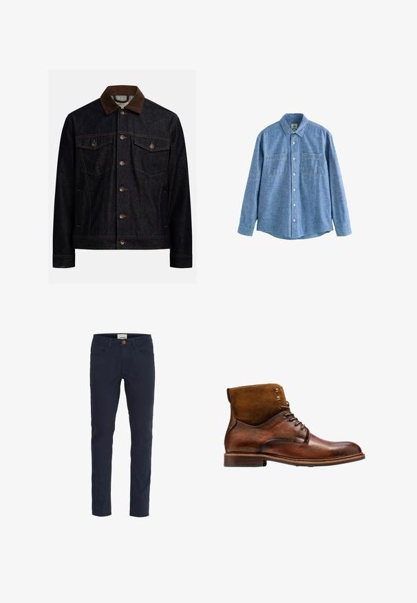 Dunkle Jeansjacke mit braunem Cordkragen, Knopfleiste vorne, zwei Brustklappentaschen mit Knöpfen und Seitentaschen.; Langärmliges blaues Chambray-Hemd mit Knopfleiste und zwei Brusttaschen, flach auf weißem Hintergrund liegend.; Marineblaue Hosen aus einem Baumwollmischgewebe. Slim-Fit-Design mit fünf Taschen, einem Knopfverschluss und einer glatten Textur.; Kazar ALID - Schnürstiefelette - brown