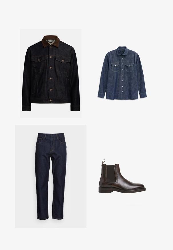 Dunkle Jeansjacke mit braunem Cordkragen, Knopfleiste vorne, zwei Brustklappentaschen mit Knöpfen und Seitentaschen.; Dunkelblauses Jeanshemd mit langen Ärmeln und spitzem Kragen, zwei Brusttaschen und kontrastierenden Nähten. Verfügt über eine durchgehende Knopfleiste und einen klassischen Schnitt.; Dunkelblaue Denim-Jeans mit geradem Schnitt, fünf Taschen und kontrastierendem gelben Nähten. Mit einem klassischen Knopf- und Reißverschluss ausgestattet.; Braune Leder-Chelsea-Boots mit elastischen Seiteneinsätzen, Schlupfgriff und niedrigem, gestapeltem Absatz. Glatte Textur und schlanke Silhouette.