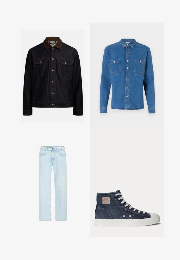 Chaqueta de mezclilla oscura con cuello de pana marrón, cierre frontal con botones, dos bolsillos con solapa y botón en el pecho, y bolsillos laterales.; Denim Project DPMDPLOOSE OVERSIZED DENIM SHIRT - Camisa - mid blue washed; Los jeans de denim azul claro cuentan con un diseño de pierna recta, con un cierre de botón clásico, cinco bolsillos y un ligero desgastado para aportar textura.; Zapatilla deportiva de caña alta azul marino con cordones blancos, suela de goma blanca, ojales metálicos y una pequeña etiqueta de marca beige en la zona del tobillo.