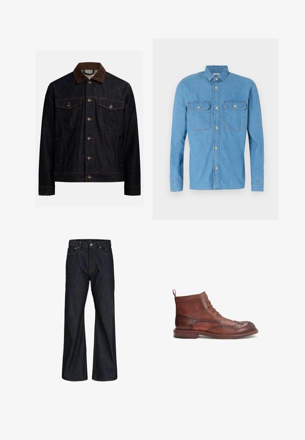 Veste en denim foncé avec col en velours côtelé marron, fermeture à boutons, deux poches poitrine à rabat avec boutons et poches latérales.; Chemise en denim bleu clair à manches longues, fermeture à boutons sur le devant, deux poches poitrines, col pointu et boutons dorés. Texture lisse, design décontracté.; Jeans bleu foncé à coupe droite avec cinq poches, fermeture par bouton et couture orange visible sur la taille et les coutures.; Botte en cuir marron avec des détails brogue décoratifs, bout rond, design à lacets et un petit talon empilé. Comprend une languette à l'arrière.