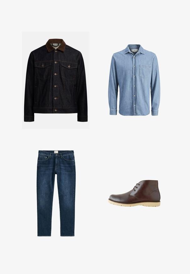 Dunkle Jeansjacke mit braunem Cordkragen, Knopfleiste vorne, zwei Brustklappentaschen mit Knöpfen und Seitentaschen.; Helles blaues Denimhemd mit Button-Down-Kragen, langen Ärmeln, einer einzelnen Brusttasche und gesticktem Logo auf der Tasche.; Dunkelblaue Denim-Jeans mit geradem Bein, fünf Taschen, Gürtelschlaufen und dezentem Verblassen. Der Stoff hat eine glatte Textur.; Braune Lederstiefeletten mit glatter Oberfläche, ausgestattet mit zweifach geflochtenen Ösen, runder Zehenpartie und leichten Gummisohlen mit Rillen für besseren Halt.