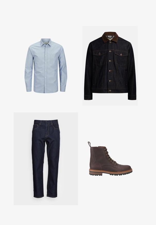 Dunkle Jeansjacke mit braunem Cordkragen, Knopfleiste vorne, zwei Brustklappentaschen mit Knöpfen und Seitentaschen.; Helles blaues Langarmhemd mit Knopfleiste und einer Tasche auf der linken Brustseite. Aus weichem Stoff mit glatter Textur und dezentem Logo-Detail gefertigt.; Dunkelblaue Denim-Jeans mit geradem Schnitt, fünf Taschen und kontrastierendem gelben Nähten. Mit einem klassischen Knopf- und Reißverschluss ausgestattet.; Braune Leder-Stiefeletten mit Schnürung, strukturierter Oberfläche, kontrastierenden beigen Sohlen und Metallösen. Verfügen über eine Lasche zum einfachen An- und Ausziehen.