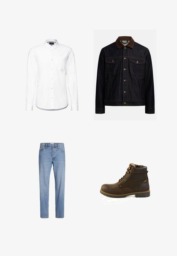 Dunkle Jeansjacke mit braunem Cordkragen, Knopfleiste vorne, zwei Brustklappentaschen mit Knöpfen und Seitentaschen.; Weißes Langarmhemd aus Baumwolle mit einem Button-Down-Kragen, Fronttasche und abgerundetem Saum mit knopfbaren Manschetten.; Helle blaue Denim-Jeans mit geradem Schnitt, standardmäßigem Fünf-Taschen-Design und sichtbarem Nähen. Keine auffälligen Muster oder Akzente.; Brauner Leder-Schnürstiefel bis zum Knöchel mit gepolstertem Kragen, Fleece-Futter und robuster Profilsohle, entwickelt für den Außenbereich oder Wintergebrauch.