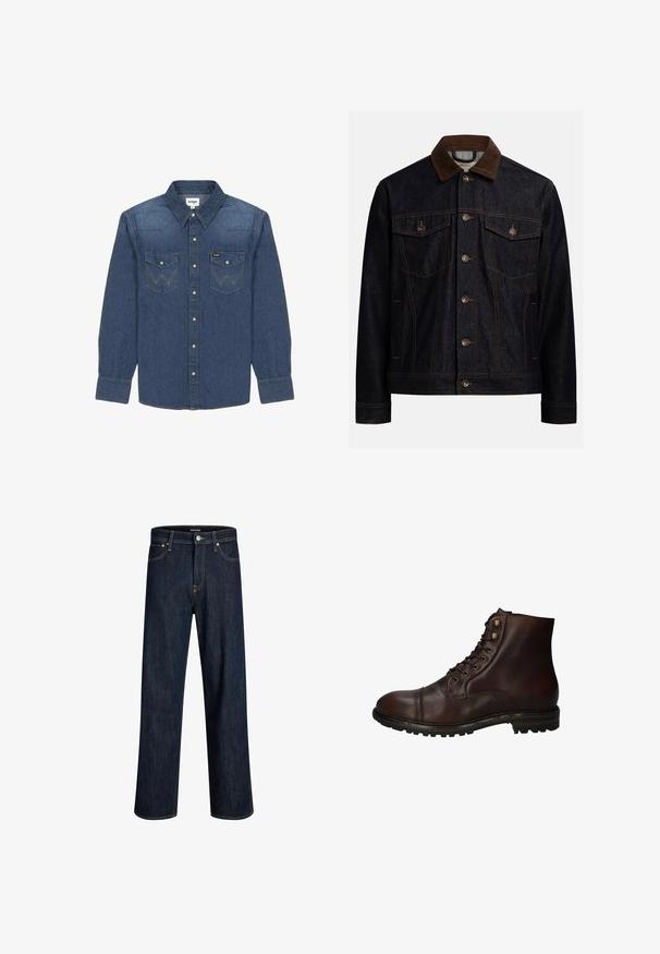 Veste en denim foncé avec col en velours côtelé marron, fermeture à boutons, deux poches poitrine à rabat avec boutons et poches latérales.; Chemise en denim bleu foncé avec un col à boutons, deux poches poitrine à couture contrastante et des manches longues avec poignets à boutons.; Jean en denim bleu foncé avec une coupe droite, cousu avec un fil doré contrastant, comportant cinq poches et une fermeture à bouton à l'avant.; Bottines montantes en cuir brun foncé à lacets, avec une semelle en caoutchouc robuste et des œillets en métal, vues du côté extérieur.