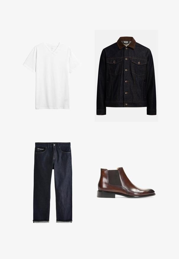 Mørk denimjakke med krave i brun fløjl, knaplukning foran, to brystlommer med klap og knapper samt sidelommer.; Hvid kortærmet v-hals t-shirt lavet af bomuld. Har en afslappet pasform og en glat tekstur uden synlige mønstre eller grafik.; Mørkeblå denimjeans med opsmøgede manchetter, knap- og lynlåslukning, for- og møntlommer samt kontrastsyning på hvid baggrund.; Brun læder ankelstøvle med elastiske sidepaneler, en glat overflade, stikninger og en lav rektangulær hæl.