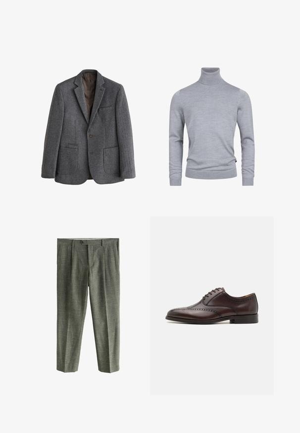 Grå uldblazer med sildebensmønster, enkeltknappet, med notch revers, tre forlommer og mørkebrun inderforing.; Grå turtleneck sweater lavet af et blødt strikket stof. Har lange ærmer og en tætsiddende design med ribbede manchetter og kant. Enkel, glat tekstur.; Mænds grå teksturerede habitbukser med frontplisser, sidelommer, knaplukning i taljen og lige ben.; ALDO DONALD - Business sko - dark brown