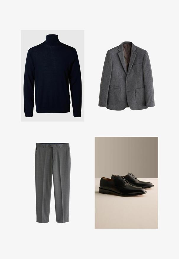 Ein-Knopf grauer Fischgrät-Wollblazer mit Stegkragen, drei Vordertaschen und dunkelbraunem Innenfutter.; Marineblauer Rollkragensweater, lange Ärmel, gerippte Bündchen und Saum, aus weichem Stoff mit glatter Textur und minimalistischem Design.; Graue, maßgeschneiderte Herrenhosen mit Seitentaschen, Gürtelschlaufen und Knopfverschluss an der Taille.; Paar schwarze formelle Schnürschuhe aus Leder, die auf einer hellen Oberfläche mit einfachem beigen Hintergrund präsentiert werden.