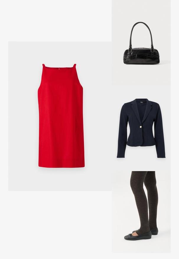 Blazer ajusté bleu marine à manches longues, revers crantés et fermeture avant à un seul bouton doré.; Robe sans manches rouge avec une coupe droite, réalisée en tissu lisse. Comprend de fines bretelles et un détail de couture subtil au dos.; Jambes portant des leggings côtelés foncés associés à des ballerines noires avec de petits détails en nœud sur fond blanc.; Sac à main en cuir noir de forme rectangulaire, doté d'une seule ansse structurée, de quincaillerie argentée et d'une fermeture éclair. Texture lisse.