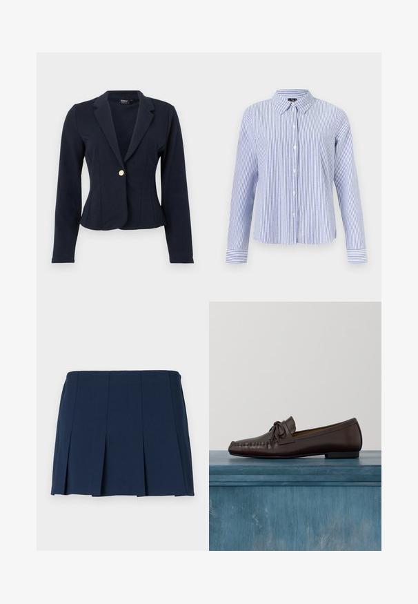 Blazer ajusté bleu marine à manches longues, revers crantés et fermeture avant à un seul bouton doré.; Chemise à manches longues boutonnée, avec des rayures verticales blanches et bleu clair et un col pointu, présentée sur un fond uni.; Jupe mini plissée bleu marine avec une taille droite, fabriquée à partir d'un tissu lisse. Présente des coutures verticales le long des plis.; Mocassins en cuir marron avec un bout arrondi, un détail de nœud et des surpiqûres décoratives le long du devant. Semelle plate en caoutchouc noir.