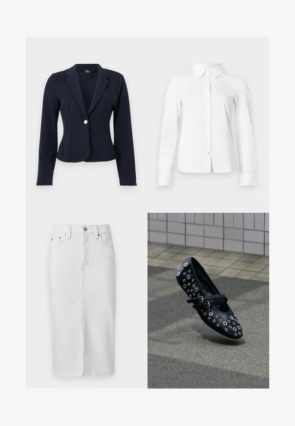 Blazer ajusté bleu marine à manches longues, revers crantés et fermeture avant à un seul bouton doré.; Chemise blanche à manches longues avec boutons, col pointu, ourlet droit et silhouette ajustée, présentée sur un fond clair uni.; Jupe en jean blanche longueur genou avec couture avant, passants de ceinture, bouton et deux poches avant.; Chaussure plate en cuir noir avec des découpes circulaires et des œillets décoratifs. Dotée d'une double bride ajustable et d'un design à bout arrondi.