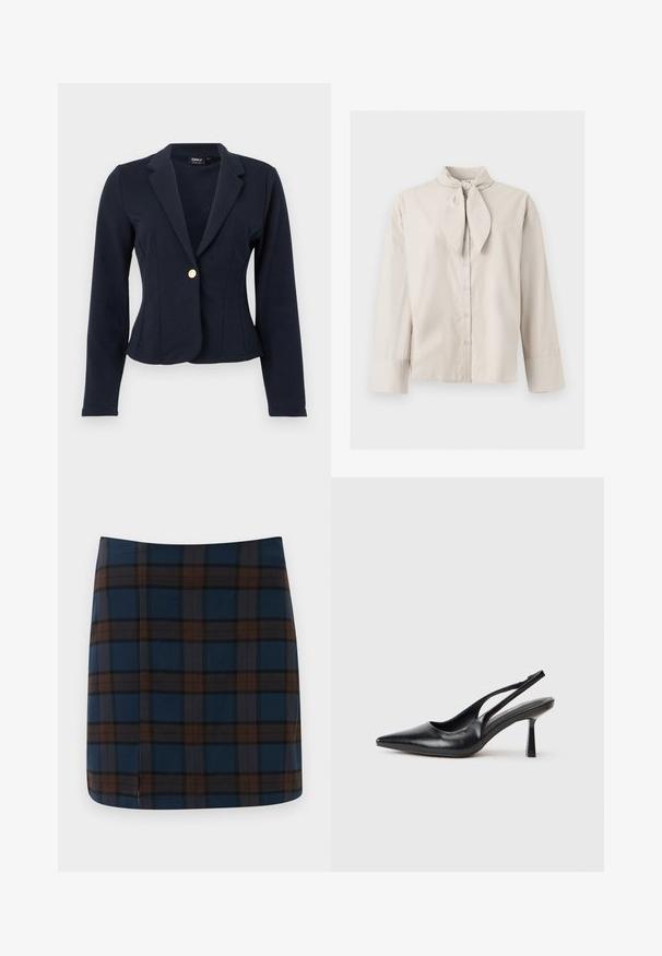 Marineblå figursyet blazer med lange ærmer, notch revers og en enkelt guldknaplukning foran.; Beige langærmet knapbluse med bundet nakkedetalje og brede manchetter på ærmerne, vist på en ensartet lys baggrund.; Marineblåternet mini nederdel med brune og grå striber, lavet af et glat stof, med en diskret slids bagpå for let bevægelse.; Sort læderslagback højhælet sko med spids tå og slank hæl på en hvid baggrund.