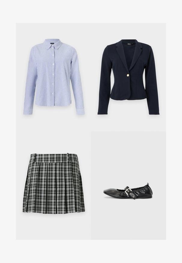 Blazer ajusté bleu marine à manches longues, revers crantés et fermeture avant à un seul bouton doré.; Chemise à manches longues boutonnée, avec des rayures verticales blanches et bleu clair et un col pointu, présentée sur un fond uni.; Jupe plissée à carreaux noir et blanc avec une taille lisse et de multiples plis verticaux. Fabriquée en tissu léger.; Chaussure plate en cuir noir avec un nez pointu, des détails froncés autour de l'ouverture et un accent en boucle argentée sur la bride ajustable.
