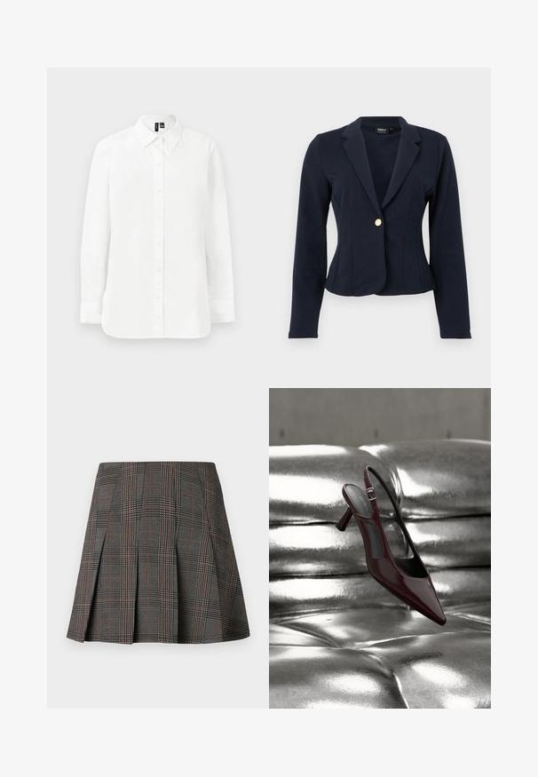 Marineblå figursyet blazer med lange ærmer, notch revers og en enkelt guldknaplukning foran.; Hvid langærmet skjorte med knapper, spids krave, standard manchetter og lige kant mod en ensartet lys baggrund.; Gråternet nederdel med plisseringer, prydet med intrikate mønstre i sort og hvid, akkompagneret af tynde røde linjer. Fremstillet af et struktureret stof.; Blank mørkerød slingback højhælet sko med spids tå, vist på en skinnende sølvfarvet polstret læderoverflade.