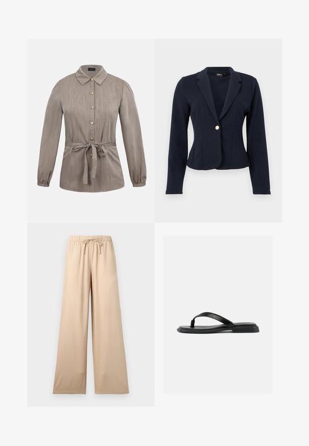 Blazer ajusté bleu marine à manches longues, revers crantés et fermeture avant à un seul bouton doré.; Blouse marron clair à manches longues avec col, boutons dorés sur le devant et ceinture nouée à la taille, avec une subtile texture verticale.; Pantalon beige à jambes larges avec taille élastique et cordon de serrage, fabriqué en tissu doux et léger, idéal pour un usage décontracté.; Sandale noire plate en forme de tongs avec une bride texturée et un talon légèrement surélevé, montrée en profil latéral sur un fond clair uni.