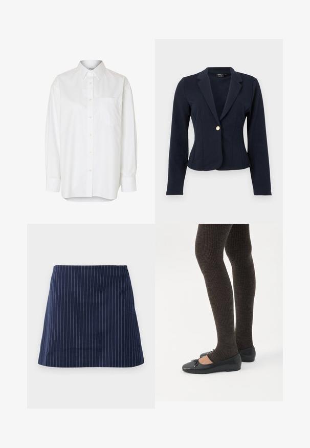 Marineblå figursyet blazer med lange ærmer, notch revers og en enkelt guldknaplukning foran.; Hvid langærmet skjorte med knapper, spids krave og brystlomme, vist mod en ensfarvet baggrund.; Marineblå nederdel med tynde hvide lodrette striber og en lige, over-knæ længde, præsenteret på en ensfarvet hvid baggrund.; Ben iført mørke ribbede leggings kombineret med sorte balletsko med små sløjfedetaljer på hvid baggrund.