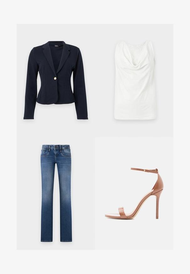 Blazer ajusté bleu marine à manches longues, revers crantés et fermeture avant à un seul bouton doré.; Blouse blanche sans manches avec col bénitier et panneau en dentelle sur le haut de la poitrine, présentée à plat sur un fond clair.; Jean denim bleu à jambes droites avec bouton à l'avant, fermeture à glissière et design à cinq poches, présentant un léger délavage sur les cuisses et les genoux.; Sandales à talons en cuir verni nude avec une fine bride à la cheville, design à bout ouvert et talon aiguille. Texture lisse et style minimaliste.