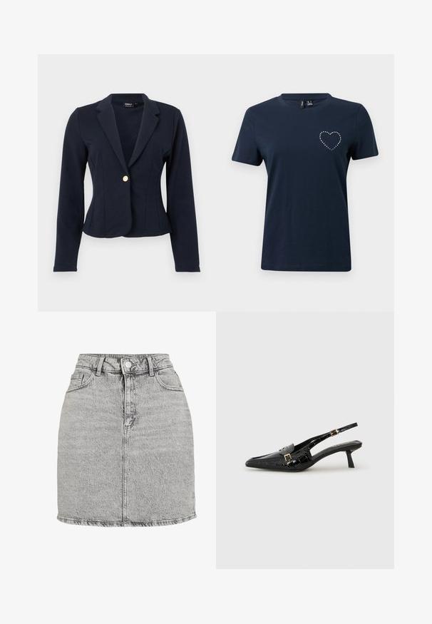 Marineblå figursyet blazer med lange ærmer, notch revers og en enkelt guldknaplukning foran.; Marineblå bomulds-t-shirt med korte ærmer, der har et hjerte-design lavet af sølvnitter på venstre bryst. Rund halsudskæring, afslappet pasform.; Grå denimnederdel med høj talje, frontknaplukning og to sidelommer. Har en rippet kant og en subtil stone-washed tekstur.; Svarte slingback-hæle i lakkskinn med spiss tupp, krokodillemønster, detaljer med gullspenne og lav hæl.