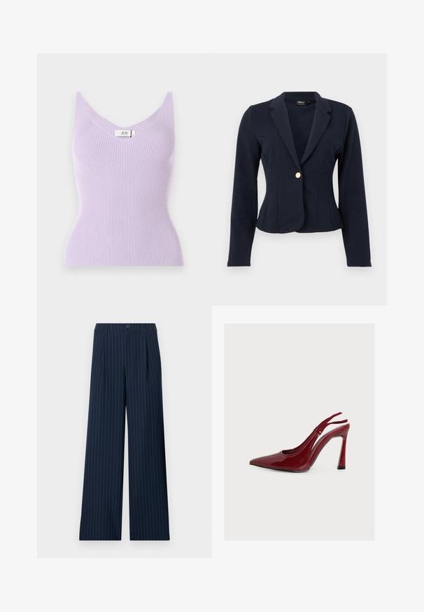 Blazer ajusté bleu marine à manches longues, revers crantés et fermeture avant à un seul bouton doré.; Haut sans manches lilas à côtes avec un col en V et une coupe ajustée. Le matériau semble doux avec des détails de texture verticale. Étiquette de marque visible.; Pantalon large à rayures fines bleu marine avec passants pour ceinture, bouton avant et plis, présenté à plat sur fond blanc.; Escarpin slingback rouge en cuir verni à talon haut, bout pointu et talon aiguille, présenté de profil sur fond blanc uni.