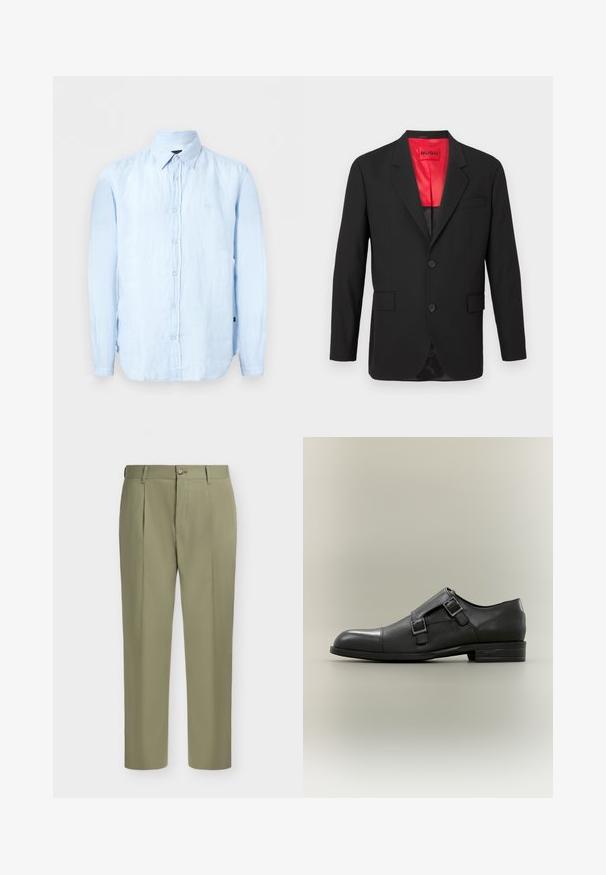 Blazer noir en tissu léger, avec une doublure en satin rouge, deux boutons à l'avant et deux poches latérales avec une poche poitrine.; Chemise bleu clair à manches longues avec boutons et col pointu, fabriquée dans un tissu légèrement texturé.; Pantalon homme vert olive clair sur mesure avec passants de ceinture, bouton à l'avant, fermeture éclair et plis avant pressés.; Chaussure habillée à double boucle pour homme en cuir noir, avec une section médiane texturée et un bout poli, semelle plate, et logo embossé sur le talon.