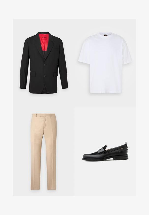 Schwarzer Blazer aus leichtem Stoff, mit rotem Satinfutter, zwei vorderen Knöpfen und zwei Seitentaschen sowie einer einzelnen Brusttasche.; Weißes Baumwoll-T-Shirt mit Rundhalsausschnitt, kurzen Ärmeln und lässiger Passform. Verfügt über strukturierte Schulternaht für zusätzliche Details.; Beige maßgeschneiderte Hose mit glatter Textur, flachem Frontbereich und geraden Beinen. Verfügt über Gürtelschlaufen und einen verdeckten Reißverschluss.; Schwarzer Lederloafer mit grauem Riemendetail, niedrigem Absatz und strukturierter Sohle, seitlich mit „HUGO“ in Gold gebrandmarkt.