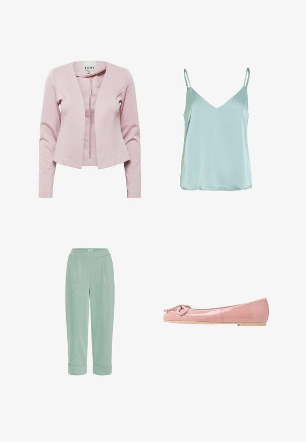 Lys pink cardiganjakke, tætsiddende design, lange ærmer, åben front uden lukninger, glat tekstur, lavet af blødt stof.; Lyseblå ærmeløs camisole med justerbare tynde stropper og V-udskæring, lavet af glat, flydende stof.; Lysegrønne cropped bukser med en blød tekstur, der har en rullet kant og frontfoldninger, designet til komfort og afslappet brug.; Lyserøde patentlæder balletflade med en rund tå, rebdetalje foran og en beige gummisål. Glat, blank finish overalt.