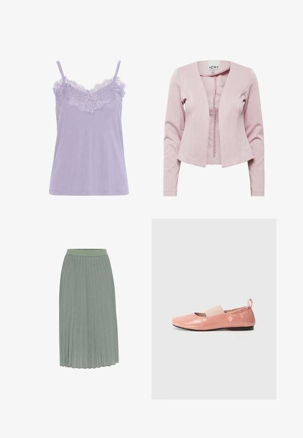 Gilet cardigan rose clair, design ajusté, manches longues, devant ouvert sans fermetures, texture lisse, fabriqué en tissu doux.; Camisole lavande avec bordure en dentelle au niveau de l'encolure. Dotée de fines bretelles et d'une texture de tissu douce. Design droit, sans motifs visibles.; Jupe midi plissée en tissu vert tendre avec une taille élastique. Présente des plis verticaux pour ajouter de la texture et du mouvement.; Ballerines synthétiques roses avec une texture brillante, un bout carré et une bande élastique douce sur le cou-de-pied. Semelle en caoutchouc noire et tirette à l'arrière.