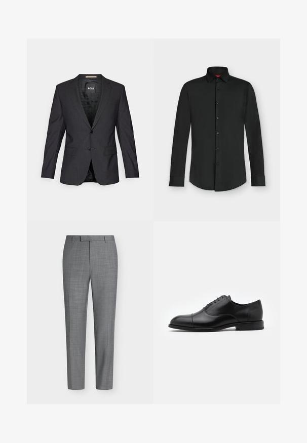 Donkergrijze blazer van gladde stof. Heeft een notched lapel, twee voorkruiken, een enkele knoopsluiting en een gemusterde binnenvoering.; Zwart overhemd met lange mouwen en knopen, met een puntige kraag en manchetten, afgebeeld tegen een effen lichtgrijze achtergrond.; Grijze slim-fit pantalon met een subtiel ruitpatroon, ceintuurlussen en een vlakke voorkant tegen een effen witte achtergrond.; Zwarte leren dresschoenen met een ronde neus, vetersluiting en subtiele stikseldetails. Voorzien van een lage hak en een gladde textuur.