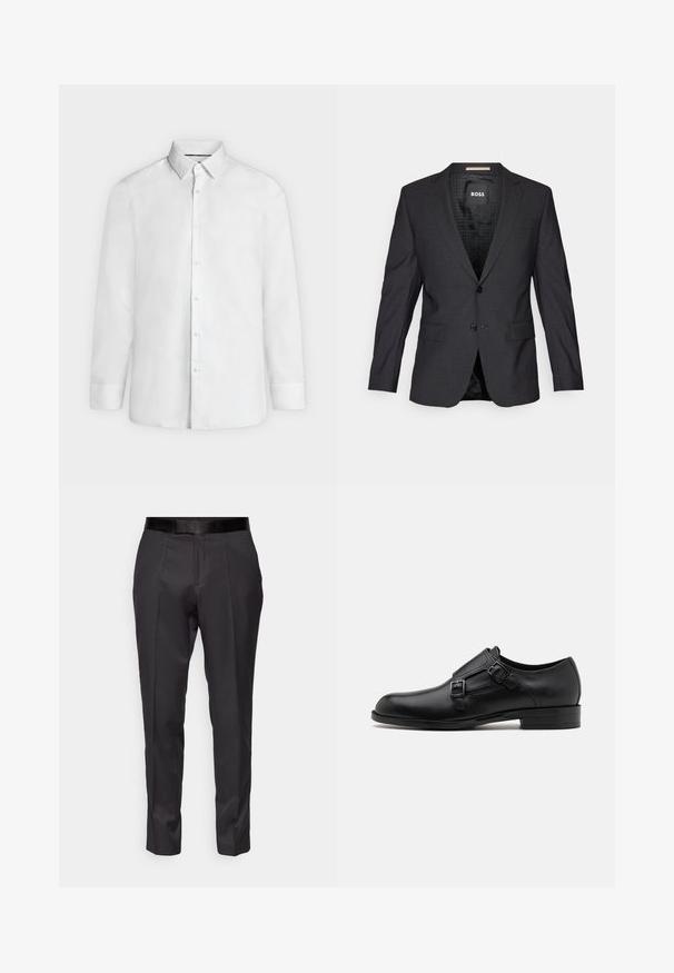 Blazer gris oscuro hecho de una tela suave. Presenta solapas con muesca, dos bolsillos frontales, cierre de un botón y un forro interior con patrón.; Camisa blanca de vestir de manga larga con cuello abierto y puños abotonados, mostrada de frente sobre un fondo liso gris claro.; Pantalones negros ajustados con un corte slim, frente plano y un brillo sutil. Presentan una cinturilla negra suave y detalles de pliegue a lo largo de las piernas.; Zapato de vestir de cuero negro con doble hebilla, silueta elegante y punta redonda. Cuenta con un tacón bajo y una textura suave.