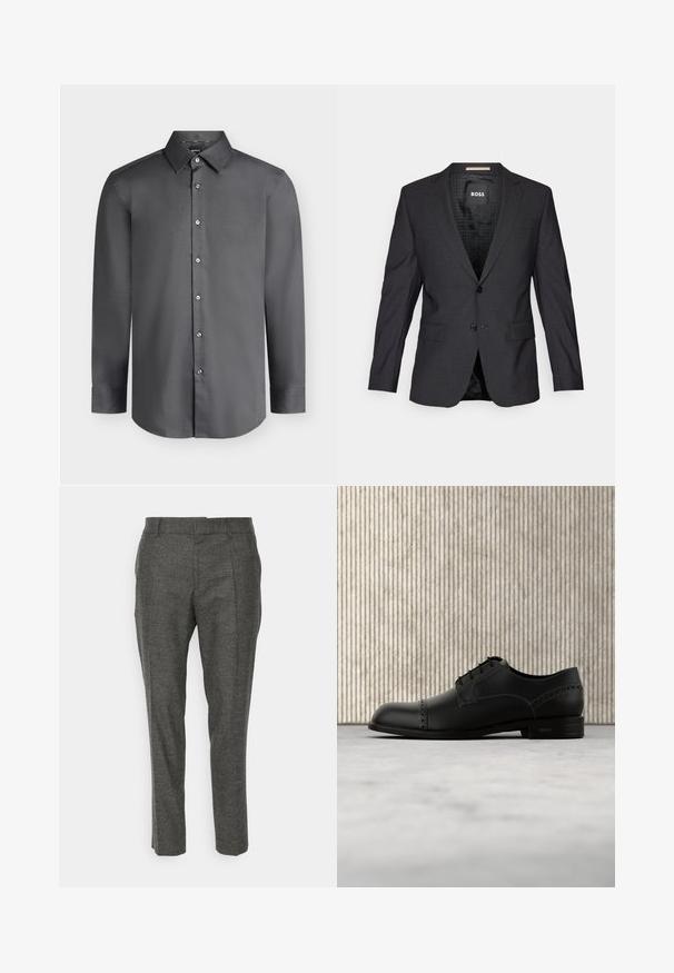 Mørkegrå blazer lavet af glat stof. Har en spids krave, to frontlommer, enkelt knaplukning og et mønstret indre for.; Mørkegrå langærmet herreskjorte med spids krave og knapper foran, vist på en lysegrå baggrund.; BOSS P-GENIUS-CW-234 - Bukser - dark grey; Sort lædersko med glat finish, rund tå og dekorative perforeringer. Har fem snørehuller og en flad sål.