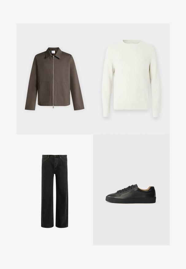 Brun lynlåsjakke med lange ærmer, en spids krave og to forlommer på en lysegrå baggrund.; Hvid strikket sweater med tekstureret mønster, rund hals og lange ærmer. Ribstrikkede manchetter og kant. Blødt stof med en glat finish.; Sorte denim bredde ben jeans med høj talje, med klassisk fem-lomme design og subtil falmning for et tekstureret udseende.; Sorte lavtop lædersneakers med tekstureret overflade, sorte snørebånd og tyk gummisål, vist fra siden på en lys baggrund.