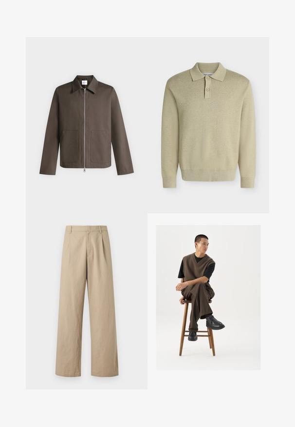 Bruine jas met rits, lange mouwen, een puntige kraag en twee opgestikte voorzakken op een lichtgrijze achtergrond.; Beige polo met lange mouwen, kraag en twee knopen, geribde manchetten en zoom, weergegeven op een effen lichte achtergrond.; Beige wijde broek met riemlussen, rits aan de voorkant en plooien, getoond op een witte achtergrond.; Bruin gebreid vest over een zwart t-shirt, gecombineerd met bruine wijde broek en zwarte chunky schoenen, zittend op een houten kruk.
