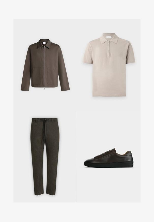 Veste marron zippée, manches longues, col pointu et deux poches plaquées devant sur fond gris clair.; Polo beige à manches courtes avec col et demi-fermeture éclair sur le devant, présenté sur un fond uni gris clair.; Pantalon droit vert olive foncé avec taille élastique et cordon noir, présenté à plat sur fond gris clair.; Baskets basses en cuir marron foncé avec semelle en caoutchouc noire, lacets à l'avant et design minimaliste épuré sur fond clair.