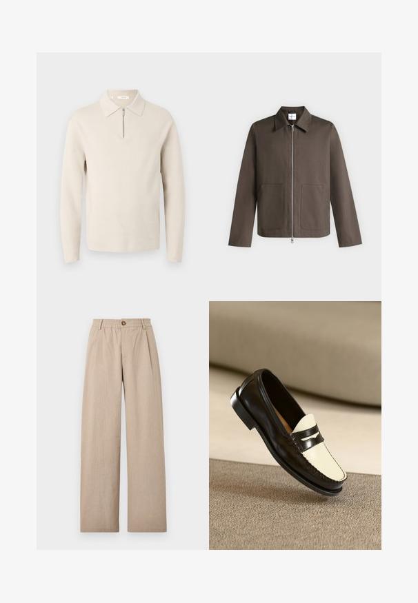 Veste marron zippée, manches longues, col pointu et deux poches plaquées devant sur fond gris clair.; Pull beige à manches longues avec un col et une courte fermeture éclair à l’avant, présenté sur un fond blanc.; Pantalons beige à large jambe avec une finition texturée, dotés de plis et d'une taille élastique, fixés par un bouton en bronze à l'avant.; Mocassin en cuir noir avec un empeigne crème et des rayures noires, présentant un petit talon et des coutures détaillées le long des bords.