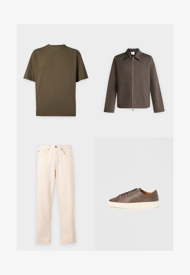 Veste marron zippée, manches longues, col pointu et deux poches plaquées devant sur fond gris clair.; T-shirt uni vert olive à manches courtes, col rond et petit logo "BOSS" à l'arrière du col.; Jean beige droit avec cinq poches, fermeture à boutons et surpiqûres contrastantes sur un fond clair uni.; Baskets en cuir marron à texture lisse, semelle extérieure crème contrastante, bout arrondi et lacets marron foncé ; présente un logo discrètement embossé.
