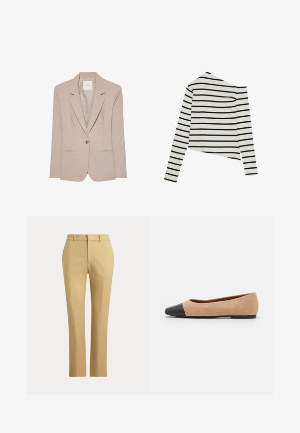 Beige singleknap blazer med hakkede revers, to fremadrettede lommer og en glat inderfor, vist fladt.; Stribet langærmet top med off-shoulder design, lavet af letvægtsstof. Farver: creme med sorte vandrette striber.; Beige bukser med lige ben, bæltestropper, forreste presning og en ensfarvet talje mod en ensfarvet baggrund.; Beige ruskind balletflade med en sort læder rund tåkap, lav hæl og glat tekstur, der har minimal syning og et enkelt design.