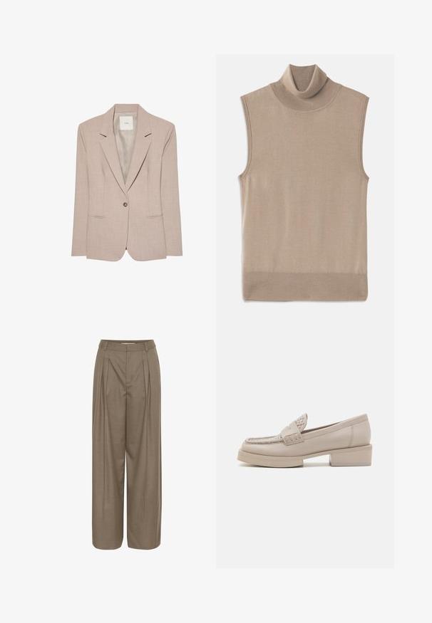 Beige singleknap blazer med hakkede revers, to fremadrettede lommer og en glat inderfor, vist fladt.; Beige ærmeløs strikket turtleneck sweater med ribbet krave, ærmeåbninger og kant, lagt fladt på en hvid baggrund.; Plisserede bukser med bred ben i en lys brun stof, med en struktureret talje og en glat tekstur, designet til komfort og alsidighed.; Beige læder loafers med blokhæle, der har dekorativ syning og nitter på vamps, og som tilbyder en glat tekstur og klassisk design.
