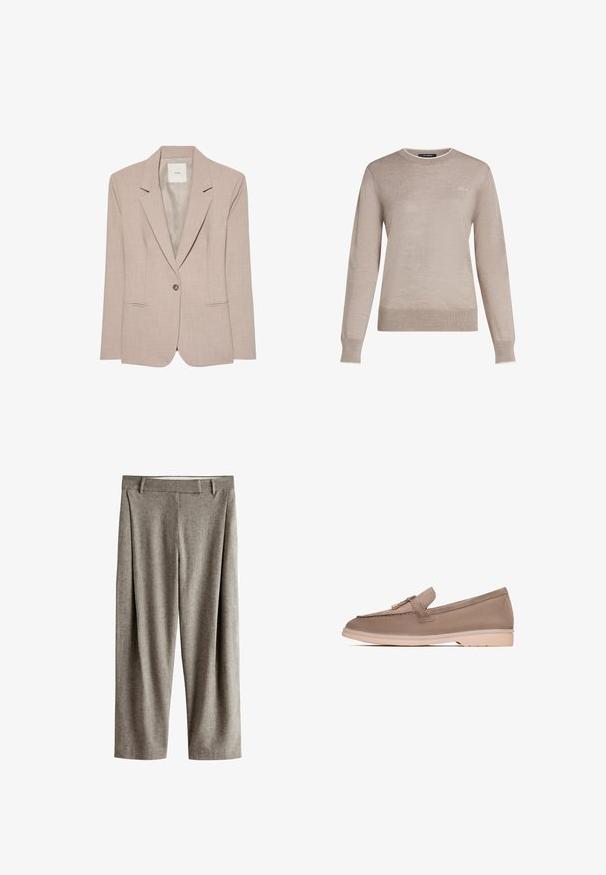 Blazer beige à un bouton, col cranté, deux poches fendues devant et doublure intérieure lisse, présenté à plat.; KARL LAGERFELD Pullover - sandstone melange; Pantalon habillé gris coupe droite avec passants de ceinture, devant plat et texture subtile sur fond blanc.; Mocassins en cuir brun avec une texture lisse, dotés d'une bande décorative et d'un matériel en or, reposant sur une semelle en caoutchouc beige clair.