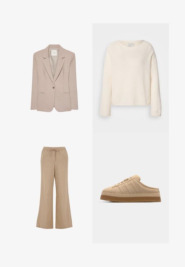 Beige eenknopsblazer met inkeping revers, twee voorzakken met een opening en een gladde binnenvoering, plat uitgestald.; Crèmekleurige trui met een ronde hals, verzakte schouders en lange mouwen. Zachte, gestructureerde stof met een licht cropped pasvorm.; Beige linnen broek met een wijd ontwerp, voorzien van een elastische tailleband en trekkoord. Glad textuur, geschikt voor casual draag.; Velvet tan instap sneaker met een ronde neus, dikke platformzool, gestructureerde bovenkant en drie verticale strepen aan de zijkant.