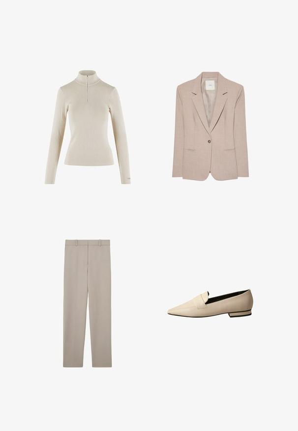 Blazer beige de un solo botón con solapas en pico, dos bolsillos delanteros con abertura y un forro interior liso, presentado plano.; Top de cuello alto de mangas largas en color beige claro, fabricado en tejido acanalado, con cierre de cremallera de un cuarto en el cuello y diseño ajustado.; Pantalones beige de corte recto con trabillas para cinturón y un diseño limpio y minimalista, mostrados extendidos sobre un fondo blanco.; Mocasines de cuero beige con punta afilada, que presentan una amplia correa en el empeine y un tacón bajo apilado con un acento negro.