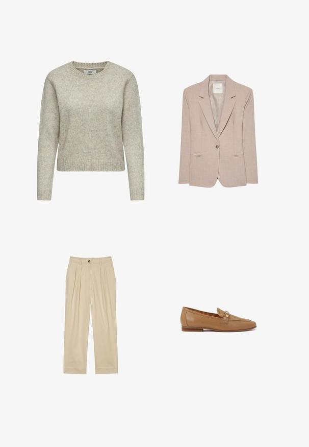 Μπεζ blazer με ένα κουμπί, με πέτο notch, δύο μπροστινές τσέπες με σχισμές και λείο εσωτερικό ύφασμα, απεικονίζεται επίπεδο.; Ανοιχτό μπεζ γυναικείο πουλόβερ από μαλακό πλεκτό ύφασμα, με στρογγυλή λαιμόκοψη και ριγέ μανίκια και στρίφωμα. Κλασικός, ίσιος σχεδιασμός.; Marc O'Polo BALLOON LEG PLEATED INSPIRED DETAILS - Παντελόνι - jonesboro cream; Καφέ δερμάτινες loafers με στρογγυλή μύτη, χαμηλό στιβαρό τακούνι και διακοσμητική ζώνη με χρυσές λεπτομέρειες. Λείος υφή και μινιμαλιστικός σχεδιασμός.