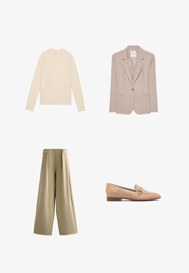 Blazer beige à un bouton, col cranté, deux poches fendues devant et doublure intérieure lisse, présenté à plat.; Pull en laine beige clair avec un col rond, des manches longues et des bords côtes au niveau des poignets et de l'ourlet. Texture douce, design minimal, pas de motifs ou d'accents visibles.; Pantalon beige à jambes larges avec taille haute et pattes boutonnées de chaque côté de la ceinture, devant lisse et ourlet longueur complète.; Mocassins en cuir beige avec un petit talon, présentant un design cousu et un petit accent en métal argenté sur le dessus. Texture lisse.